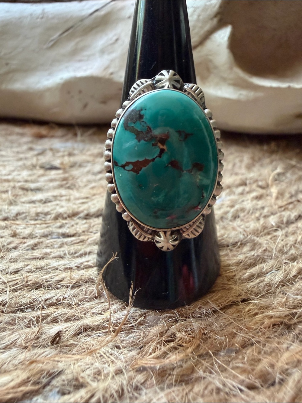 Turquoise Sterling Silver Statement Ring 925 adjustable band - Picture 5 of 7